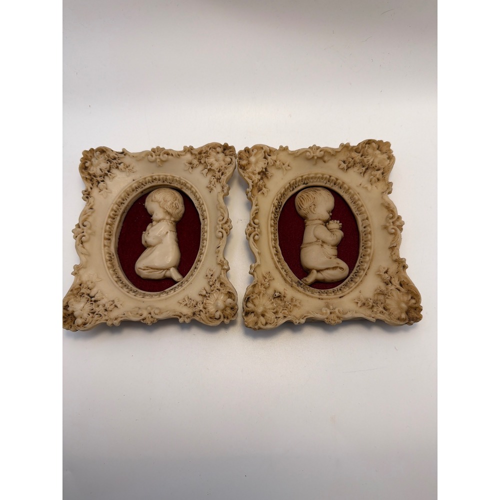 Vintage Mexican Carved Bone Praying Boy and Girl Relief Art Set Ornate Frames